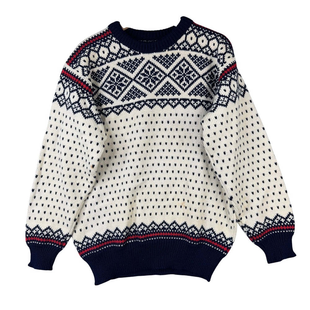 Dale of Norway Pure Wool Nordic Fair Isle Sweater Mens Medium Cream Navy Blue